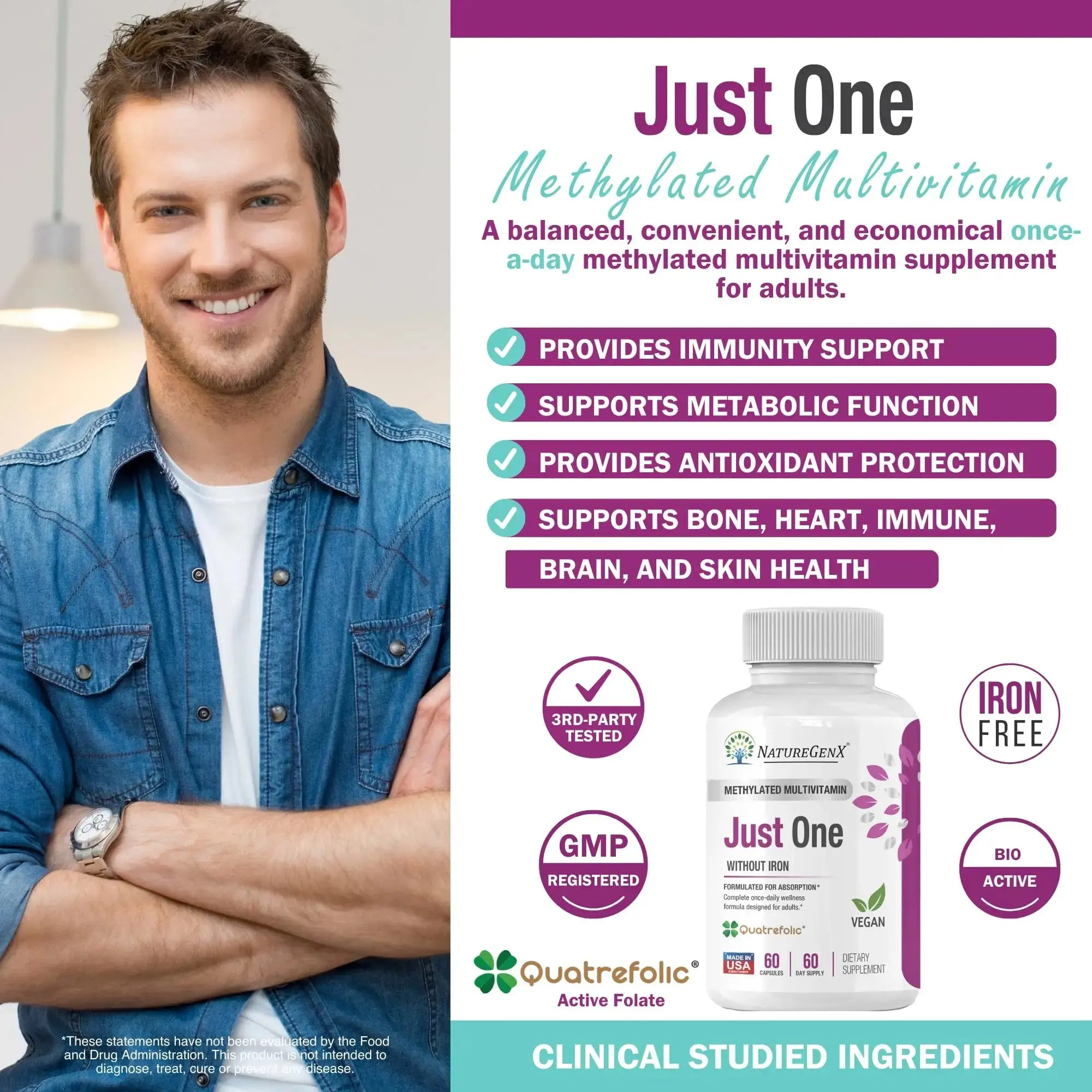 NatureGenX Just One Daily Methylated Multivitamin - 60 Caps Pure Methyl B12, Methylfolate MTHFR Support Supplement Iron Free Methylated Vitamins NatureGenX Au supplements