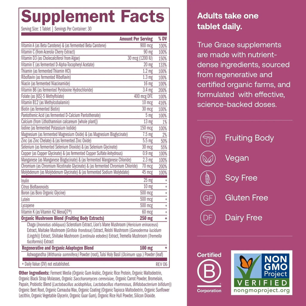 True Grace One Daily Women’s Multivitamin 40+ Fermented Minerals, Organic Adaptogens & Mushrooms Energy, Immune, Bone Support True Grace Au supplements