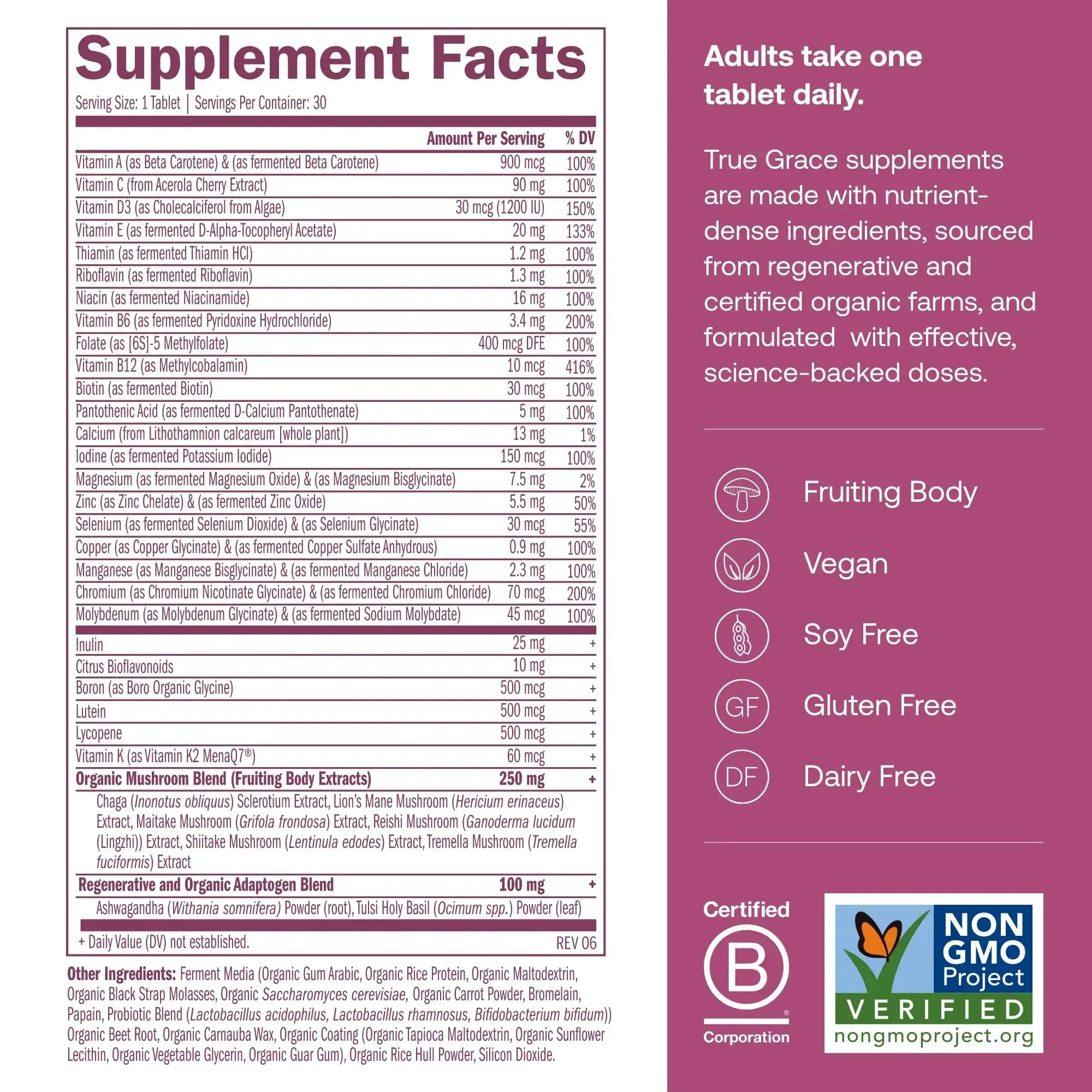 True Grace One Daily Women’s Multivitamin 40+ Fermented Minerals, Organic Adaptogens & Mushrooms Energy, Immune, Bone Support True Grace Au supplements
