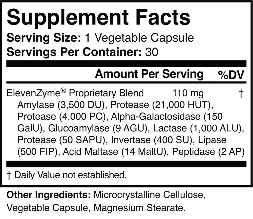 ElevenZyme - Natural Digestive Enzyme Supplement - Non-GMO, Vegan