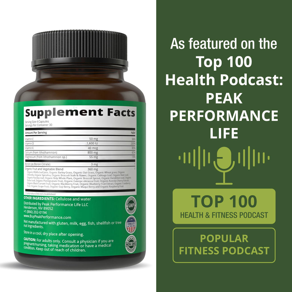 Plant Based Calcium - Red Marine Algae Calcium Supplement with Vitamin C, D3, K, Magnesium, and Whole Food Vegetable Blend. Vegan Capsules for Bones and Joints. 120 Pills, Tablets Peak Performance Au supplements