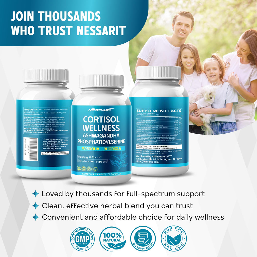 CORTISOL Wellness Ashwagandha 14-in-1 Natural Blend with Phosphatidylserine Magnolia Rhodiola St. John's Wort Peppermint Bacopa - 150 Count NESSARIT Au supplements