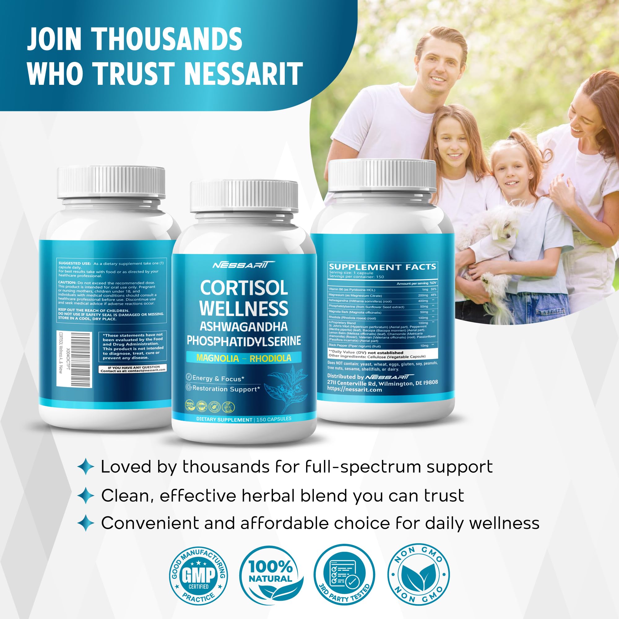 CORTISOL Wellness Ashwagandha 14-in-1 Natural Blend with Phosphatidylserine Magnolia Rhodiola St. John's Wort Peppermint Bacopa - 150 Count NESSARIT Au supplements