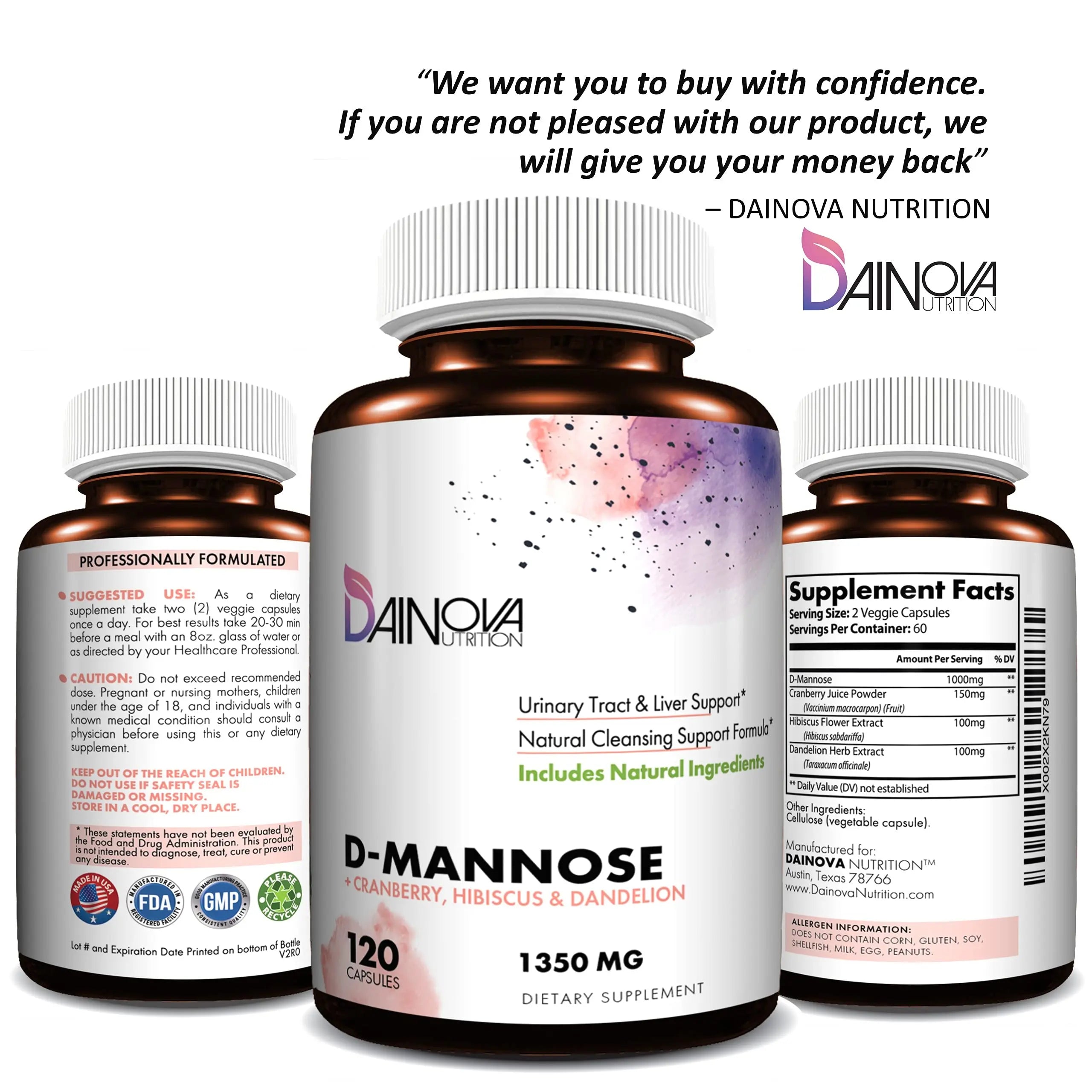 Dainova D Mannose 1350mg with Cranberry I D-Mannose Capsules for UTI Prevention, Urinary Tract Support, Urinary Tract Health for Women, & Cleanse. W/Hibiscus & Dandelion, 120 Veggie Capsules Dainova Nutrition Au supplements