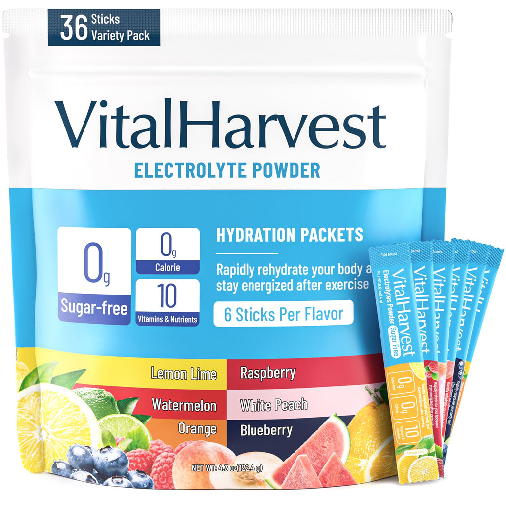 VitalHarvest 36 Sticks Electrolytes Powder Packets 6 Flavors Sugar Free Hydration Packets Electrolyte Liquid Daily IV Drink Mix with Lemon Lime, Watermelon, Orange