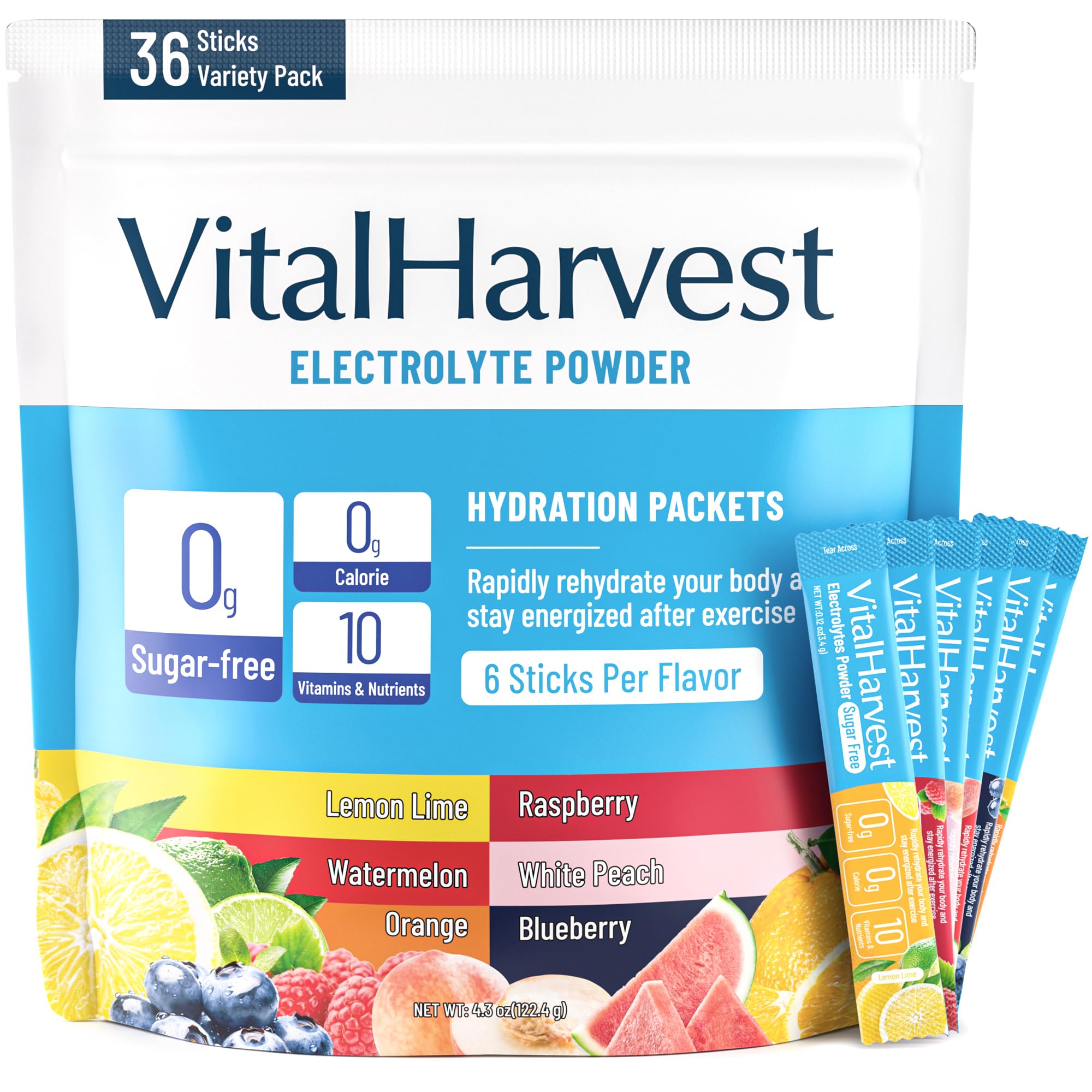 VitalHarvest 36 Sticks Electrolytes Powder Packets 6 Flavors Sugar Free Hydration Packets Electrolyte Liquid Daily IV Drink Mix with Lemon Lime, Watermelon, Orange