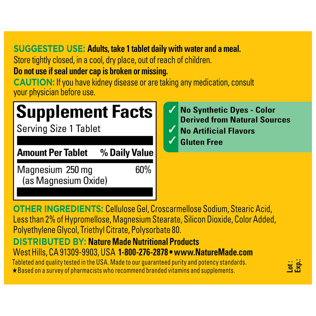 Nature Made Magnesium Oxide 250 mg, Magnesium Supplements for Men and Women, Support for Muscle, Heart
