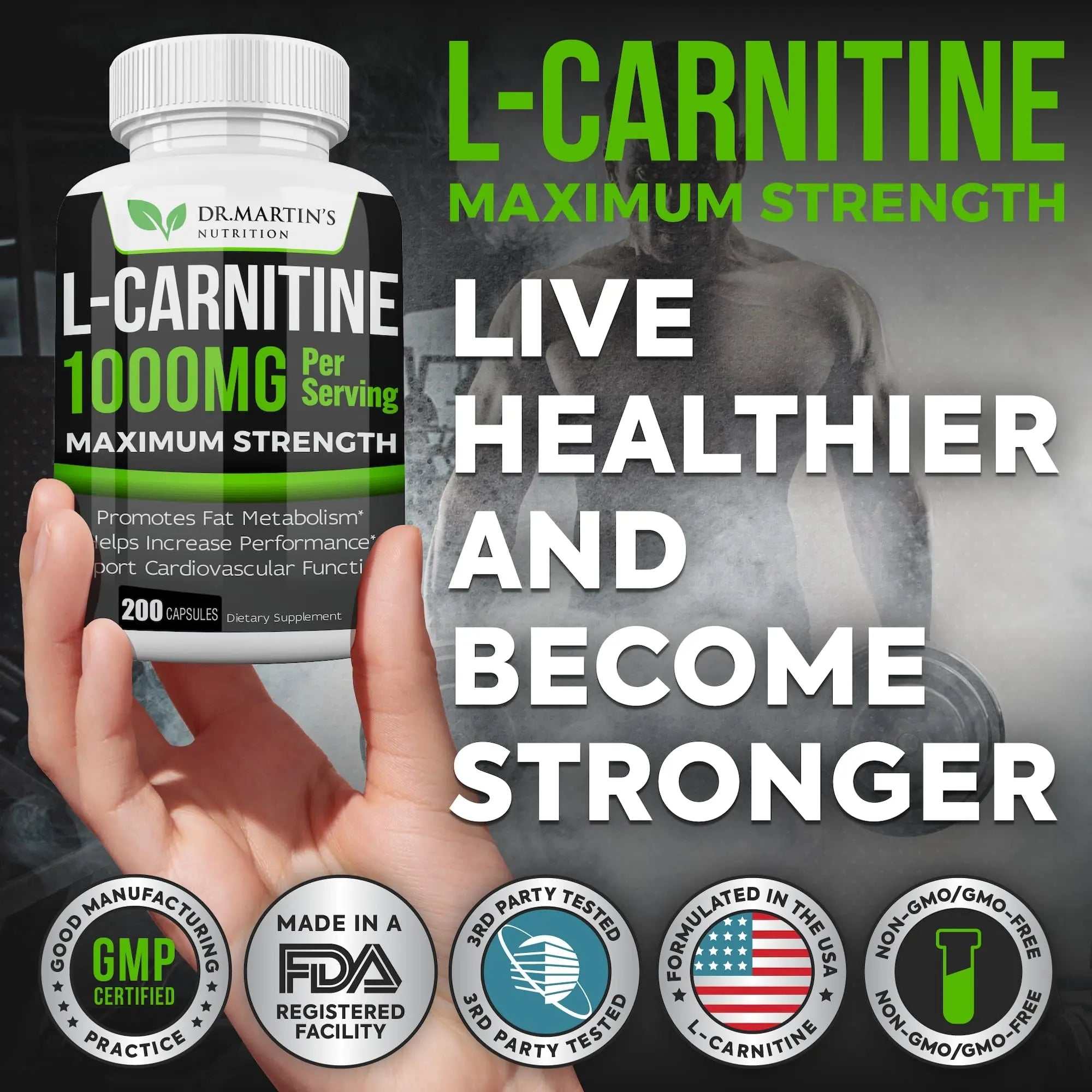 DR. MARTIN'S NUTRITION Extra Strength L-Carnitine - 200 Capsules - 1000mg Per Serving - Boost Your Metabolism and Increase Performance DR. MARTIN'S NUTRITION Au supplements