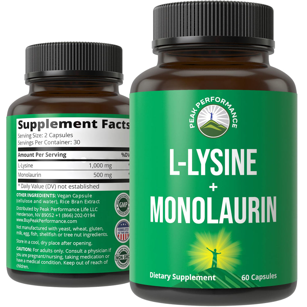 Peak Performance L Lysine 1000mg + Monolaurin 500mg High Potency Supplement for Lips, Skin, & Immune Support - L-Lysine 2-in-1 Bioavailable Supplements