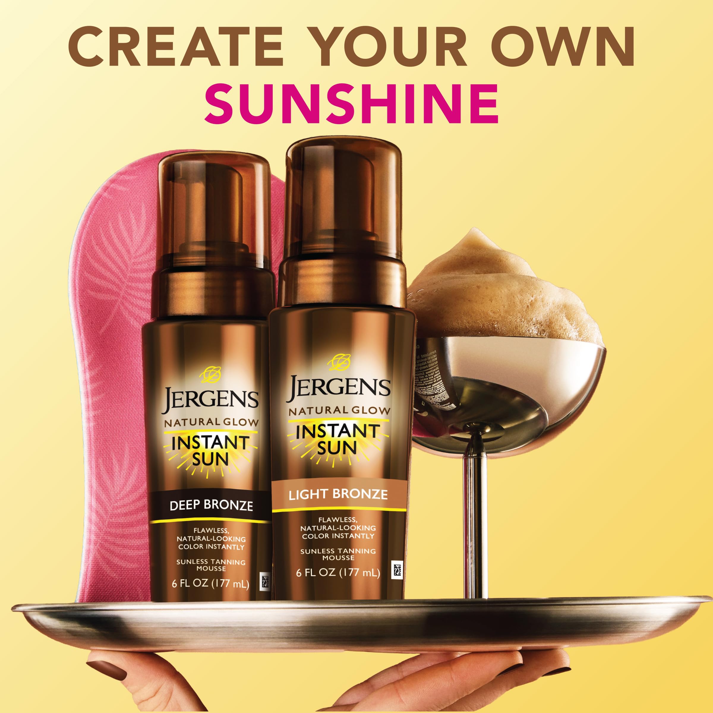 Jergens Natural Glow Instant Sun Body Mousse, Self Tanner for Light Bronze Tan, Sunless Tanning Body Bronzer