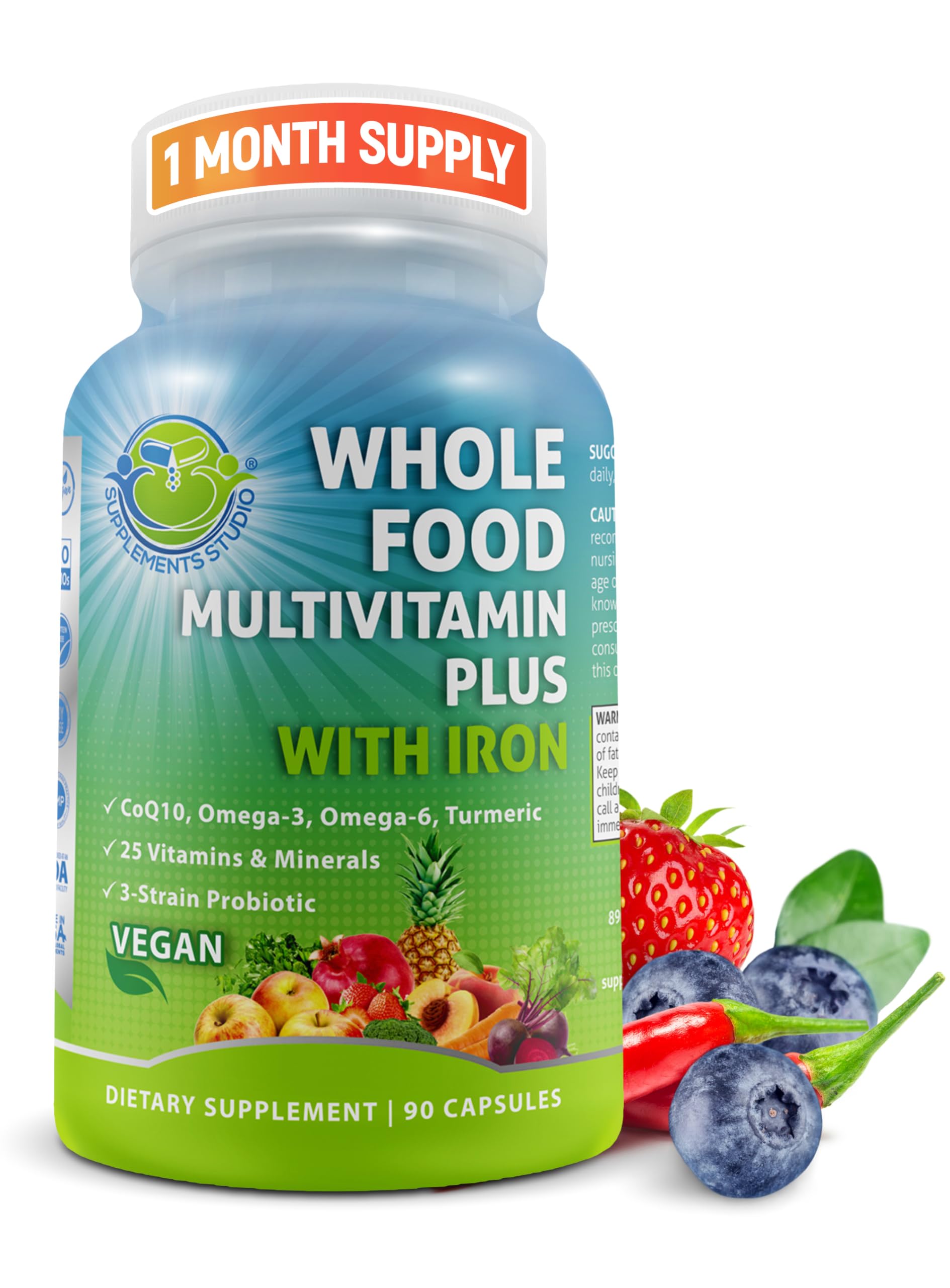 Vegan Whole Food Daily Multivitamin with Iron, Methylated Multivitamin for Women and Men, Made with Fruits & Vegetables, B-Complex, Probiotics, Enzymes