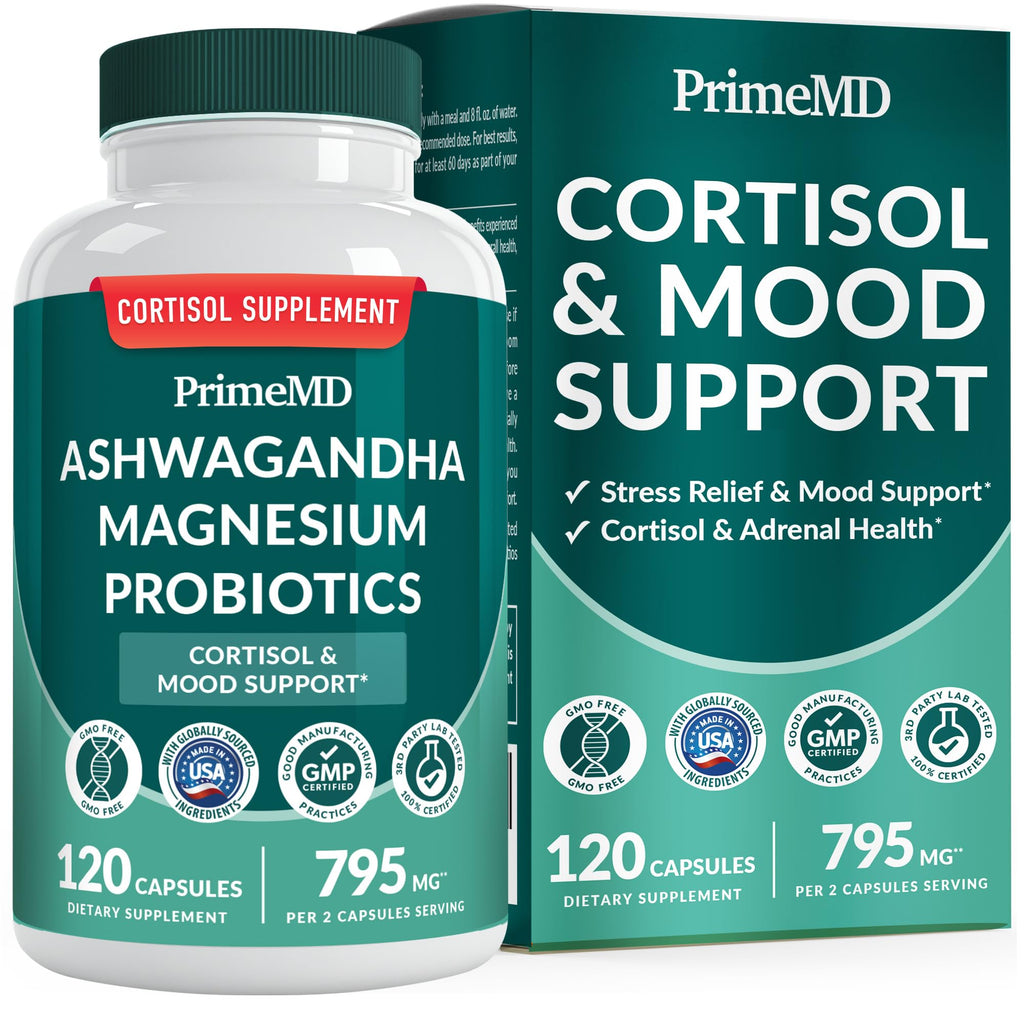 5-in-1 Cortisol Supplement for Women and Men with Ashwagandha for Calmness, Focus, and Adrenal Support Supplements with Shilajit Extract, Magnesium Glycinate, Probiotics (120 ct) (Pack of 1) PrimeMD Au supplements