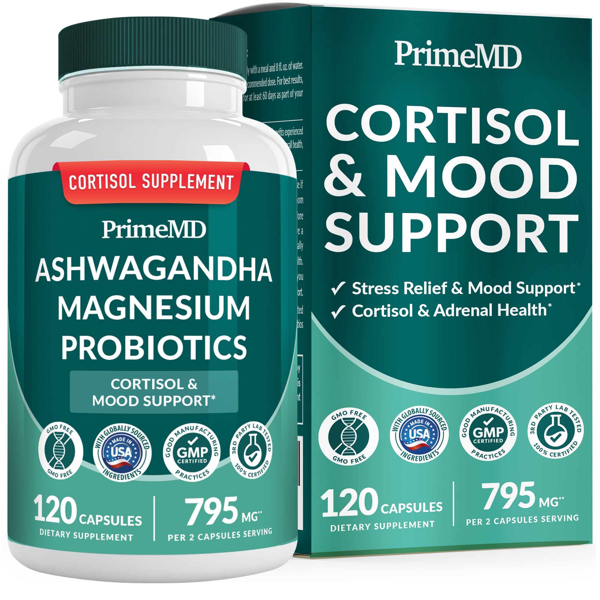 5-in-1 Cortisol Supplement for Women and Men with Ashwagandha for Calmness, Focus, and Adrenal Support Supplements with Shilajit Extract, Magnesium Glycinate, Probiotics (120 ct) (Pack of 1) PrimeMD Au supplements