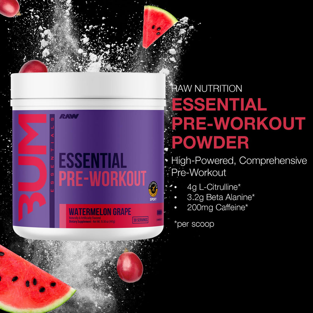RAW Essential Pre-Workout Powder (Watermelon Grape) - Chris Bumstead Sports Nutrition Supplement for Men & Women - Preworkout Energy Powder with Caffeine, L-Citrulline,
