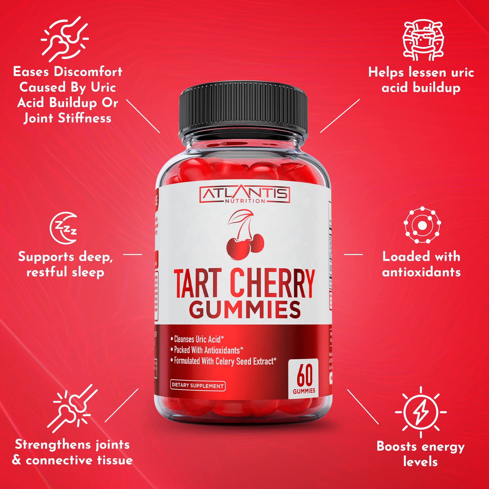 Atlantis Nutrition Tart Cherry Gummies with Celery Seed Extract - Advanced Uric Acid Cleanse for Immediate Relief | Joint Relief & Recovery