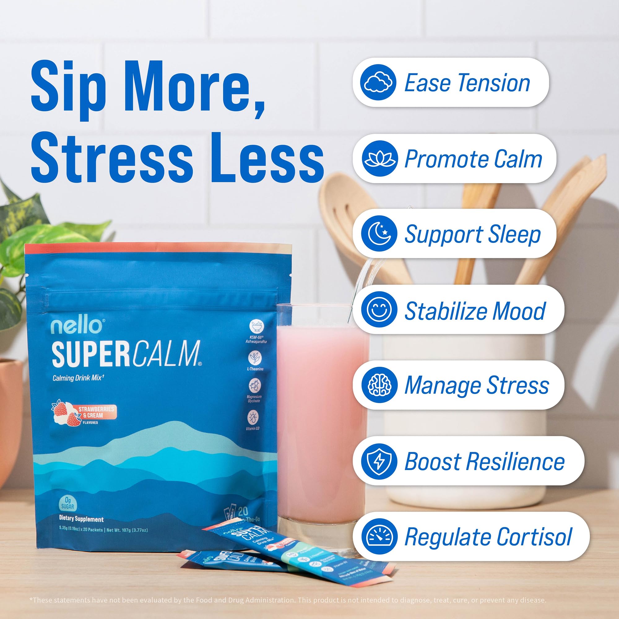 Nello Supercalm Powdered Drink Mix, Cortisol Reducer*, Sleep Aid Supplement, L Theanine, Ksm-66 Ashwagandha, Magnesium Glycinate, Vitamin D 3, No Sugar