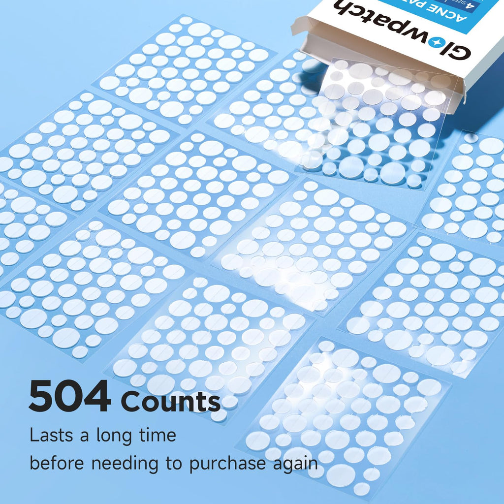 Glowpatch Pimple Patches for Face (504 Count), FSA Eligible Acne Patch Bulk, Zit Stickers 4 Sizes, Hydrocolloid Spot Stickers