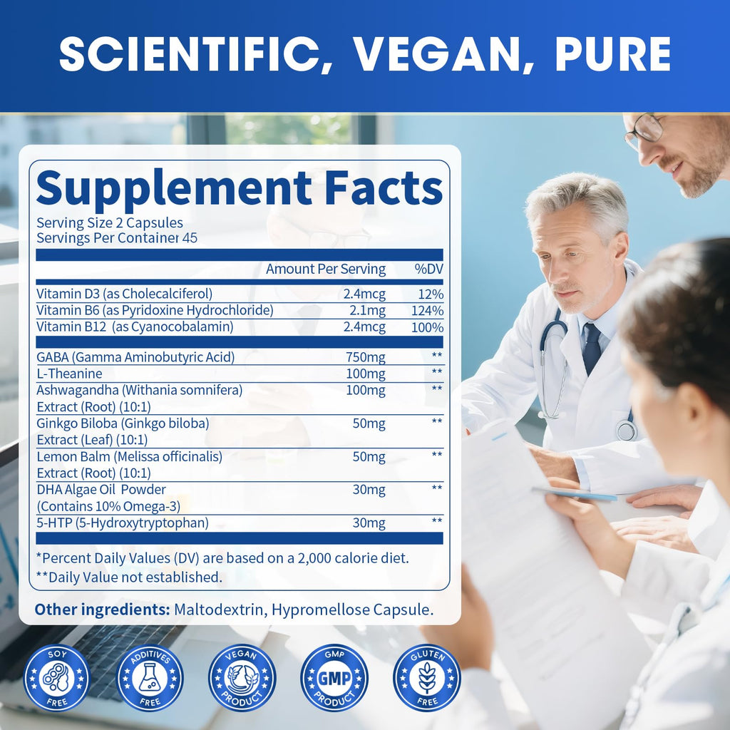 GABA Supplements 750mg with L Theanine, 5HTP, Ashwagandha, Lemon Balm, Ginkgo Biloba, Omega-3, 10 in 1 GABA Calm Capsules for Sleep, Relaxation, Focus, Mood Support, Cortisol Balance - 90CT Lukaree Au supplements