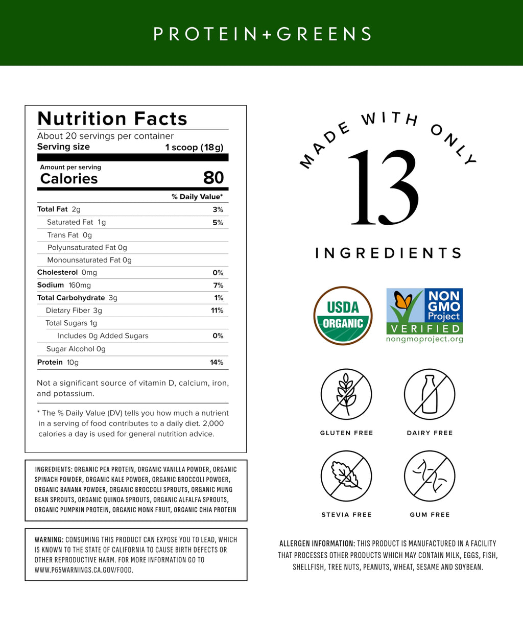 Truvani Protein + Greens Supplement | Spinach, Kale & Broccoli | 10g Organic Plant Based Protein | 20 Servings | USDA Organic | Gluten & Dairy Free