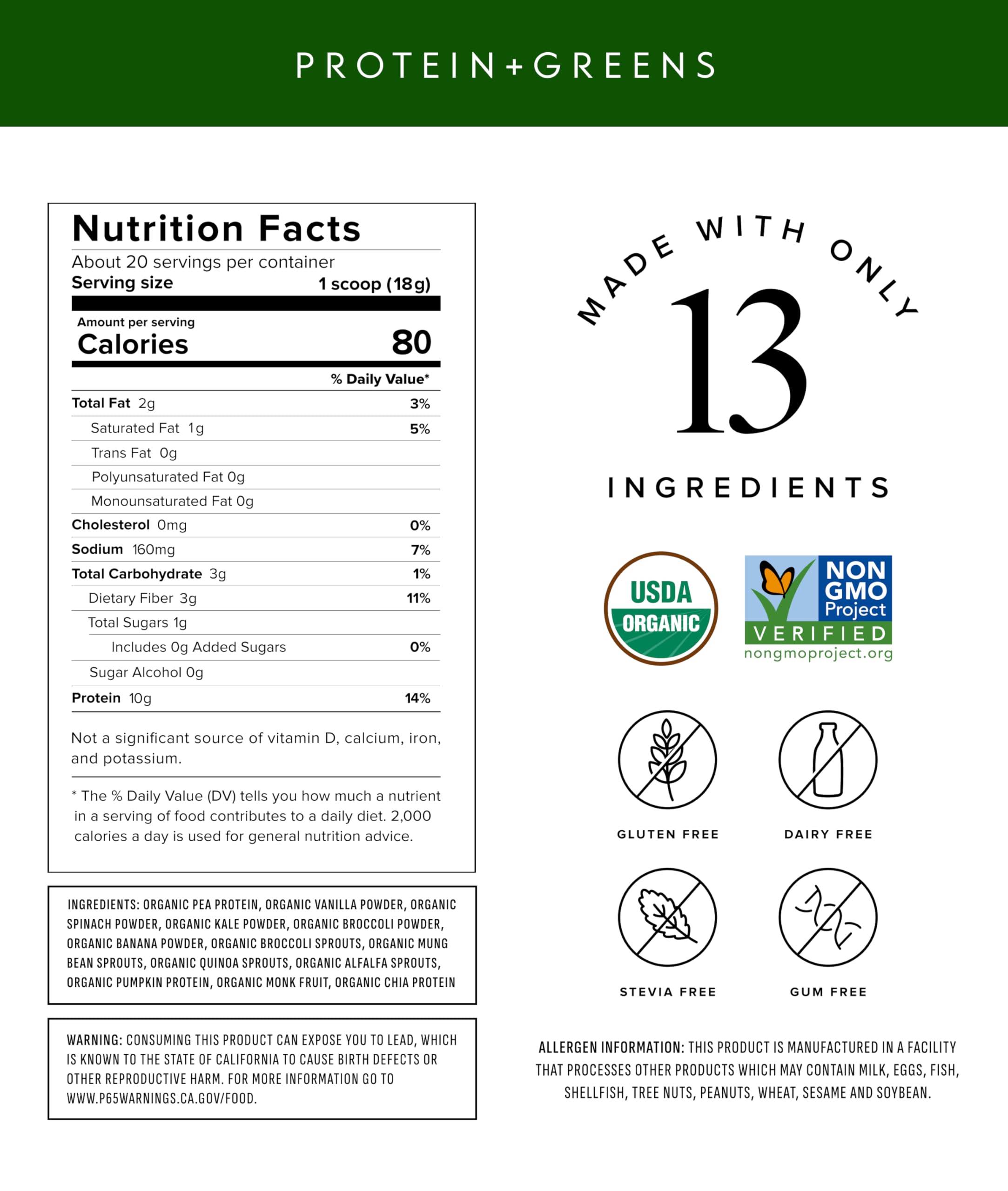 Truvani Protein + Greens Supplement | Spinach, Kale & Broccoli | 10g Organic Plant Based Protein | 20 Servings | USDA Organic | Gluten & Dairy Free