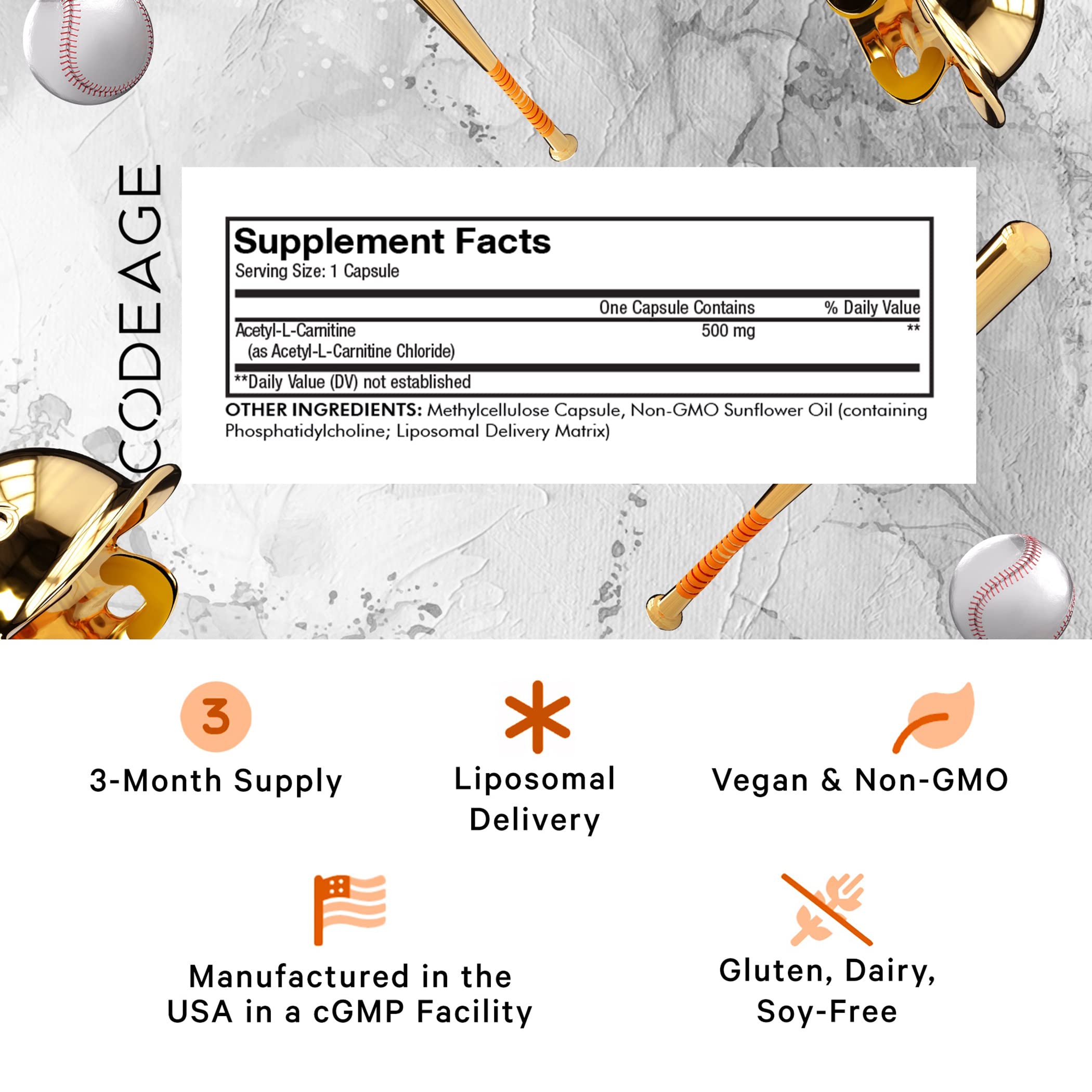 Codeage Liposomal Acetyl-L-Carnitine+ Supplement - 500 mg Acetyl-L-Carnitine per Serving - 3-Month Supply, Liposomal Delivery - Alcar Supplement - L-Carnitine - Non-GMO, Gluten-Free, 90 Capsules Codeage Au supplements