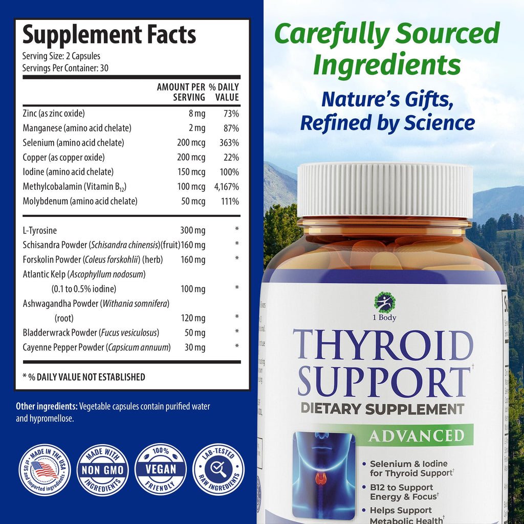 1 Body Thyroid Support Supplement for Women and Men, Selenium with Iodine, Zinc, B12, Ashwagandha and L-Tyrosine, Supports Hormone Health, Energy and Metabolism, 30 Day Supply 1 Body Au supplements