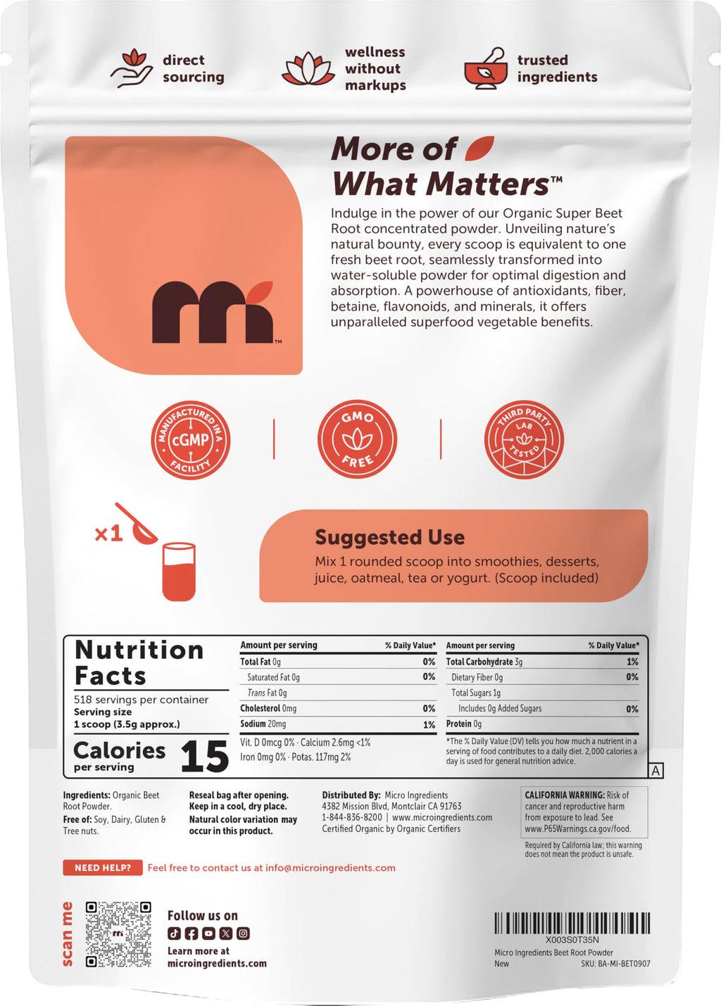 Micro Ingredients Organic Beet Root Powder, 4 Pounds | Cold Pressed, Water Soluble, High Concentrated Raw Beetroot Supplement | Natural Nitric Oxide Superfood Drink Mix