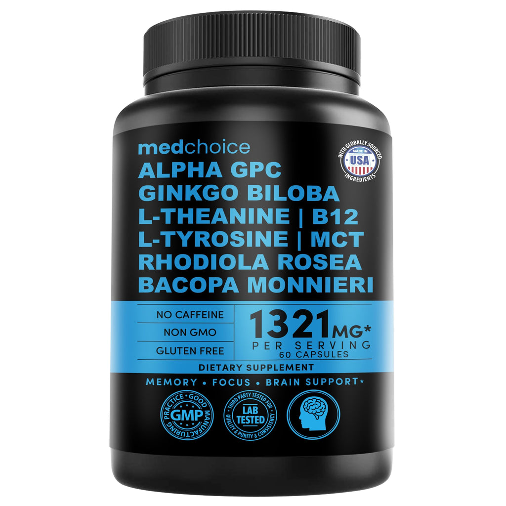 12-in-1 Nootropic Brain Supplement Anhydrous: Ginkgo Biloba for Brain Support, Memory and Focus - B12, Alpha GPC, L Theanine and Choline Supplements with Bioperine Non Caffeinated 1321mg (60ct) MEDCHOICE Au supplements