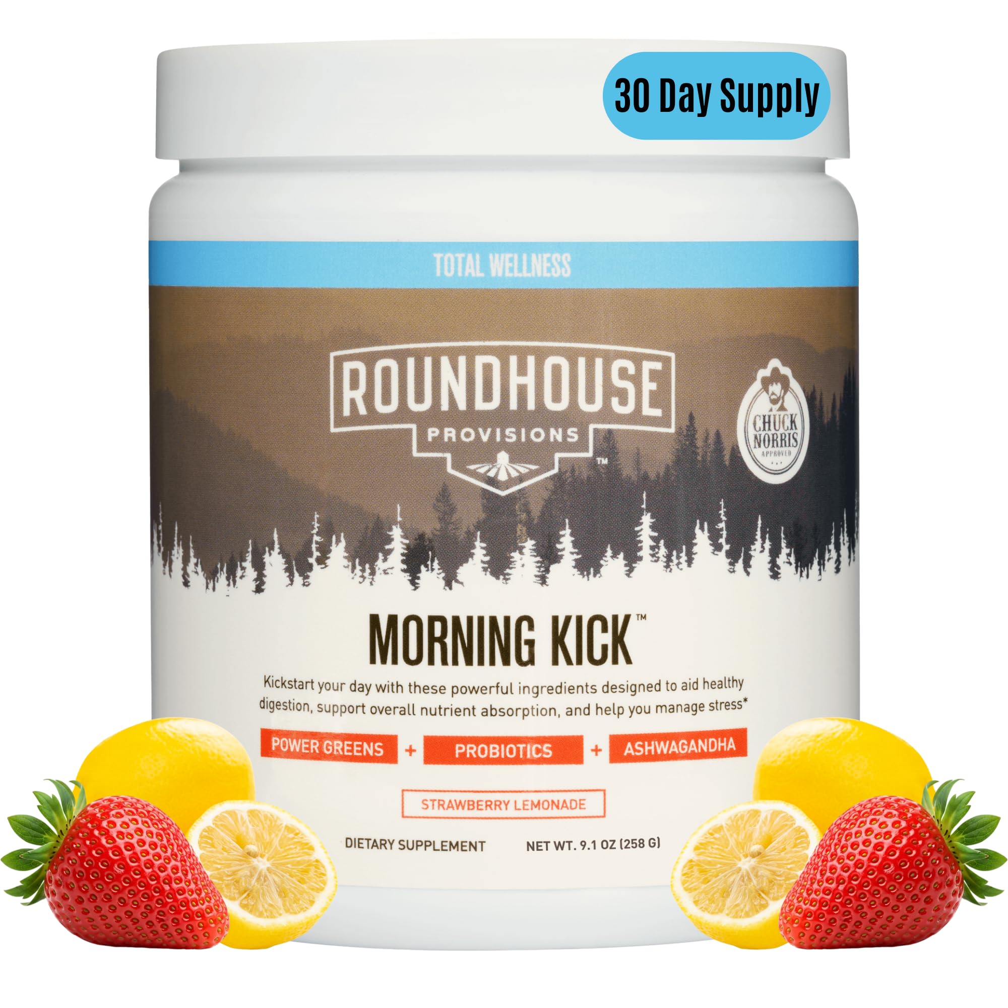 ROUNDHOUSE PROVISION Morning Kick, Zero Sugar Greens Superfood Powder Supplement with Ashwagandha, Collagen, Probiotics, Debloat Drink