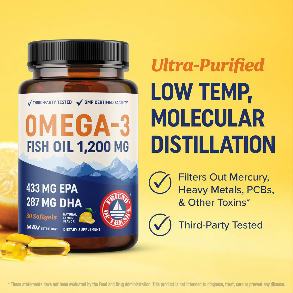 Triple Strength Omega 3 Fish Oil 1200 mg | EPA & DHA | Wild Caught, Sustainably Sourced Omega-3 Fatty Acids | Premium Burpless Fish Oil Supplements