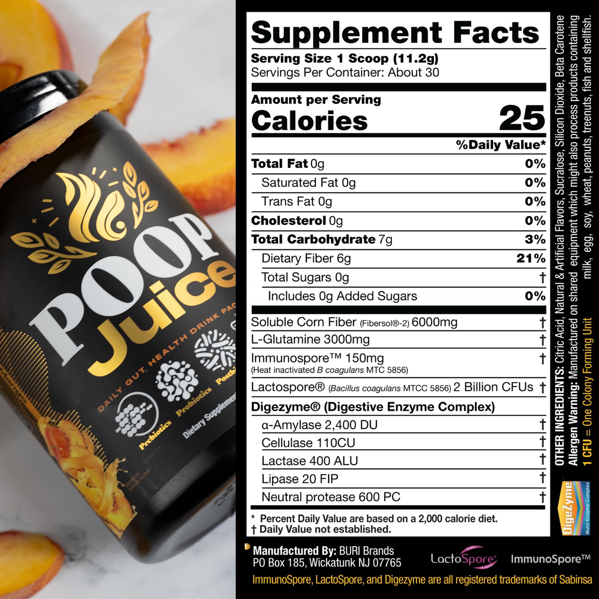 Poop Juice 5-in-1 Daily Fiber Supplement Powder - Bloat & Poop Relief - Prebiotic, Probiotic, Postbiotic, Digestive Enzymes, L-Glutamine - GLP-1 Support - Sugar-Free Georgia Peach Mango (30 Servings) Poop Juice Au supplements