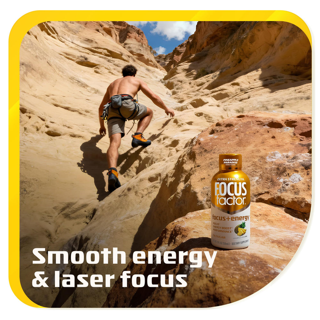 Focus Factor Extra Strength Focus + Energy Shots - 12 x 2oz Bottles (Pineapple Paradise Flavor) - Powered by Nootropics with Caffeine, L-Theanine, Ginkgo, Bacopa, L-Tyrosine, Alpha GPC Focus Factor Au supplements