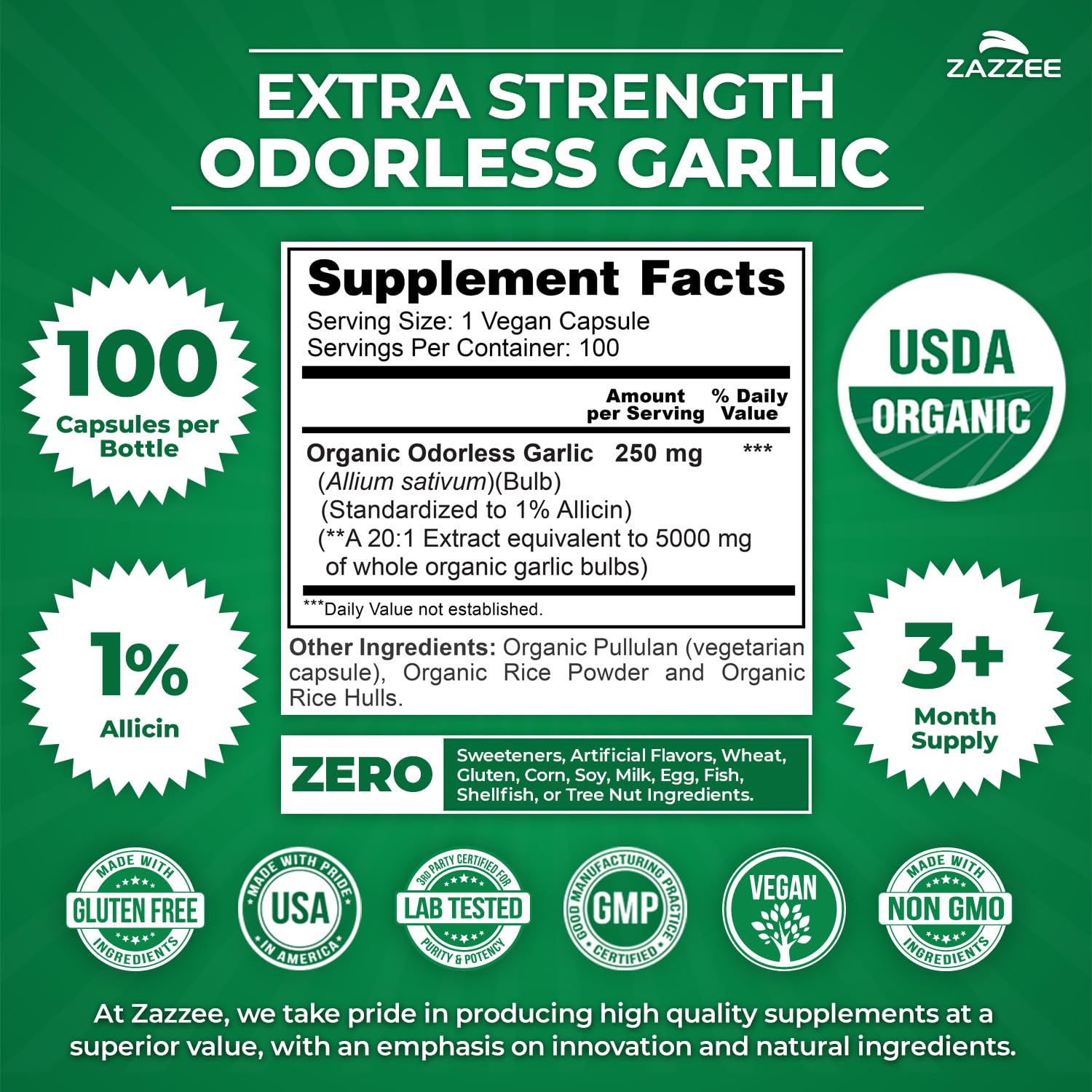 Zazzee USDA Organic Odorless Garlic 20:1 Extract, 1% Allicin, 100 Vegan Capsules, 3+ Month Supply, Allium Sativum, Immune, Circulation & Heart Health Support