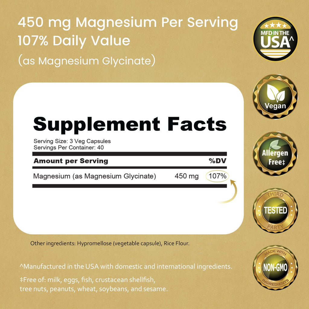NaturaLife Labs Magnesium Glycinate - 450 mg per Serving – 120 Vegan Capsules - Non-GMO, Gluten-Free, Vegan