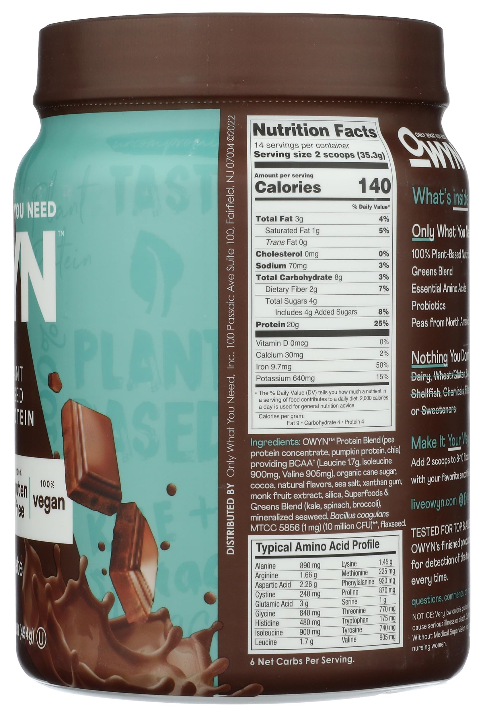 OWYN Only What You Need Plant-Based Protein Powder, Dark Chocolate, 1.17 lbs