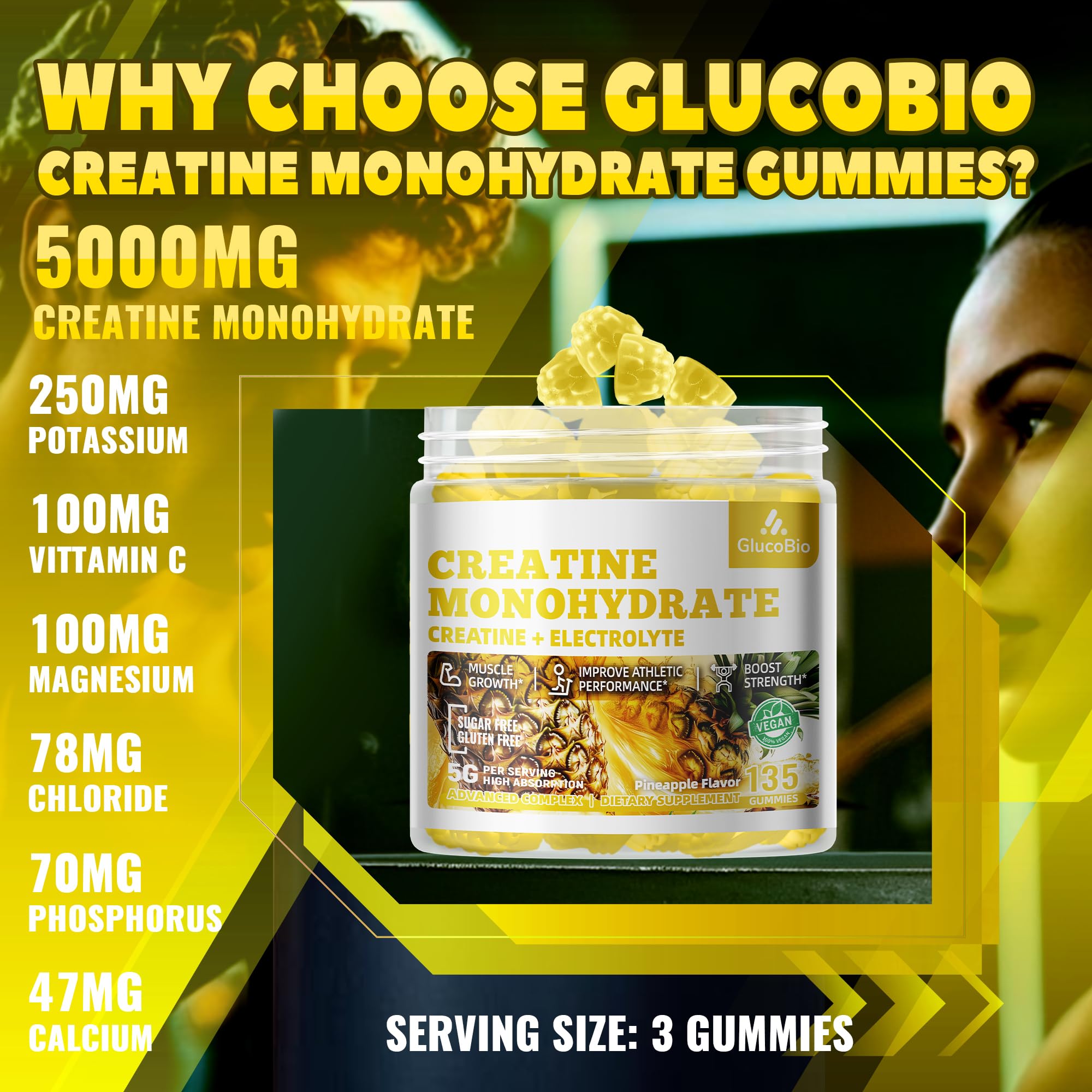 GlucoBio Creatine Monohydrate Gummies (5g) – Pre-Workout Energy & Muscle Growth Support for Men & Women | Pineapple Electrolyte Gummies (135 Count)