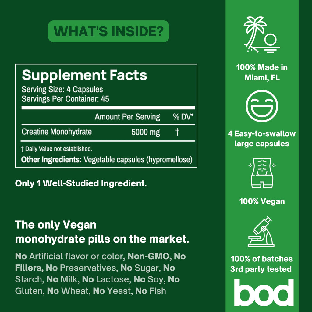 BOD Creatine Monohydrate Capsules – 45 Servings (4 Capsules = 5 g) – Ultra-Pure 200 Mesh Creatine Monohydrate – Strength, Power, Muscle Growth & Recovery Bod Au supplements