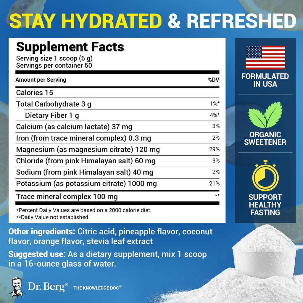 Dr. Berg Zero Sugar Hydration Keto Electrolyte Powder - Enhanced w/ 1000 mg of Potassium & Real Pink Himalayan Salt (NOT Table Salt) - Tropical Coconut