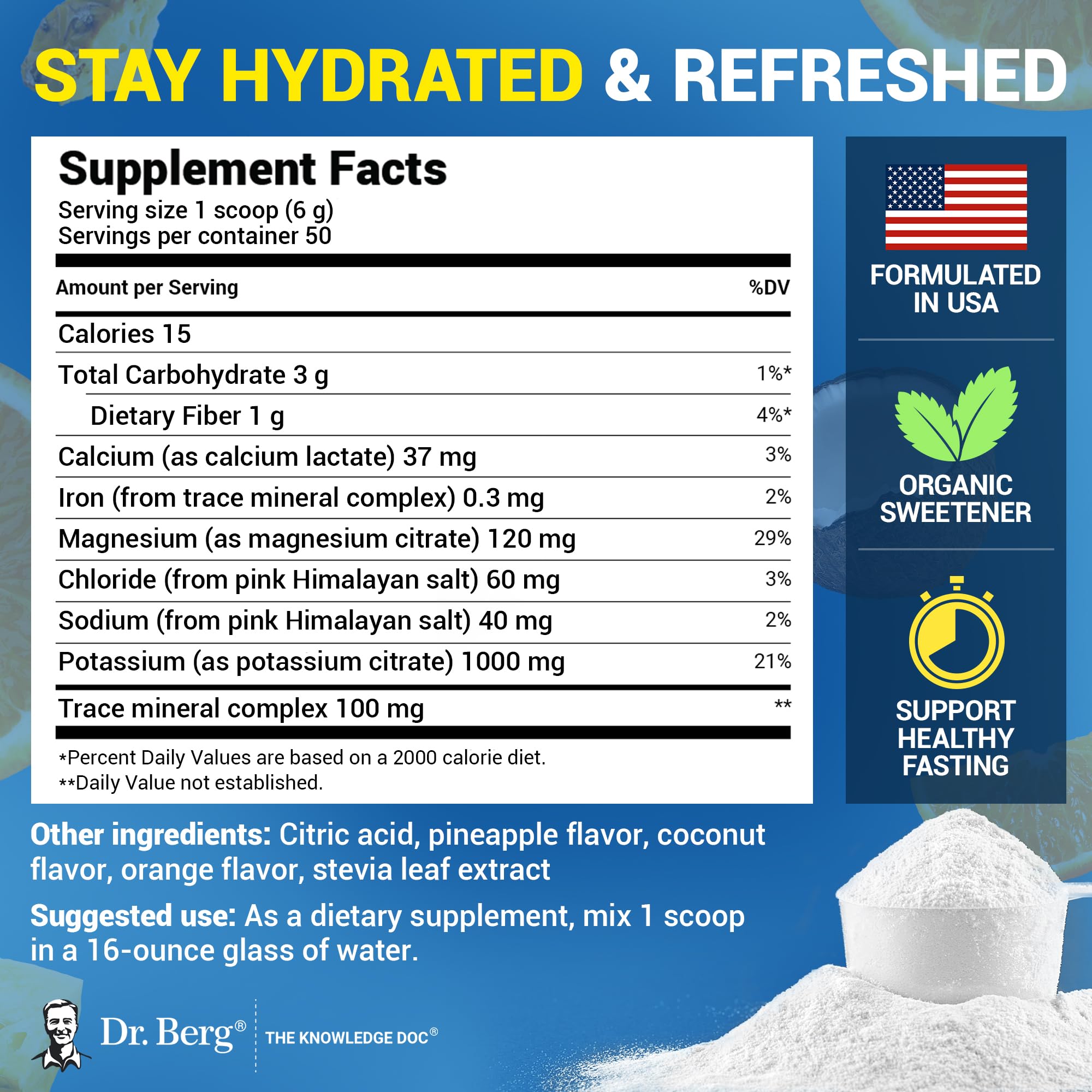 Dr. Berg Zero Sugar Hydration Keto Electrolyte Powder - Enhanced w/ 1000 mg of Potassium & Real Pink Himalayan Salt (NOT Table Salt) - Tropical Coconut