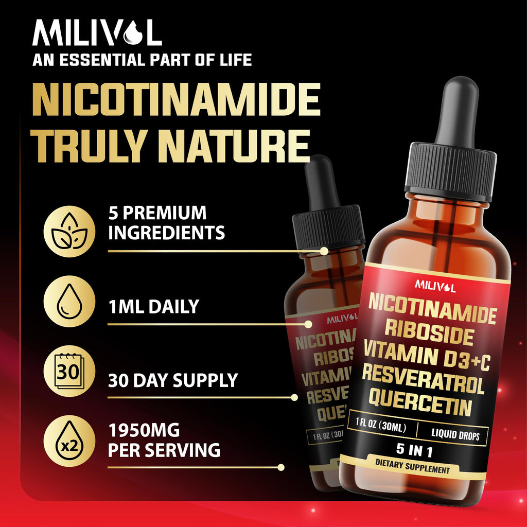 MILIVOL 5in1 NAD+ Liquid Drops w/Nicotinamide Riboside NR 900mg, Quercetin 500mg, Trans-resveratrol 500mg, Vitamin D3-C - Cellular Energy & Repair, Vitality, Healthy Aging - 1FL Oz - 1 Month Supply MILIVOL Au supplements