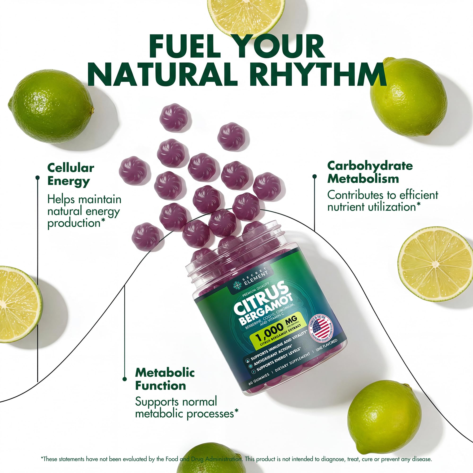 Citrus Bergamot 1000MG Gummies for Women and Men, Citrus Bergamot Extract with Berberine, CoQ10, Chromium & Vitamin C, Metabolic & Antioxidant Support,