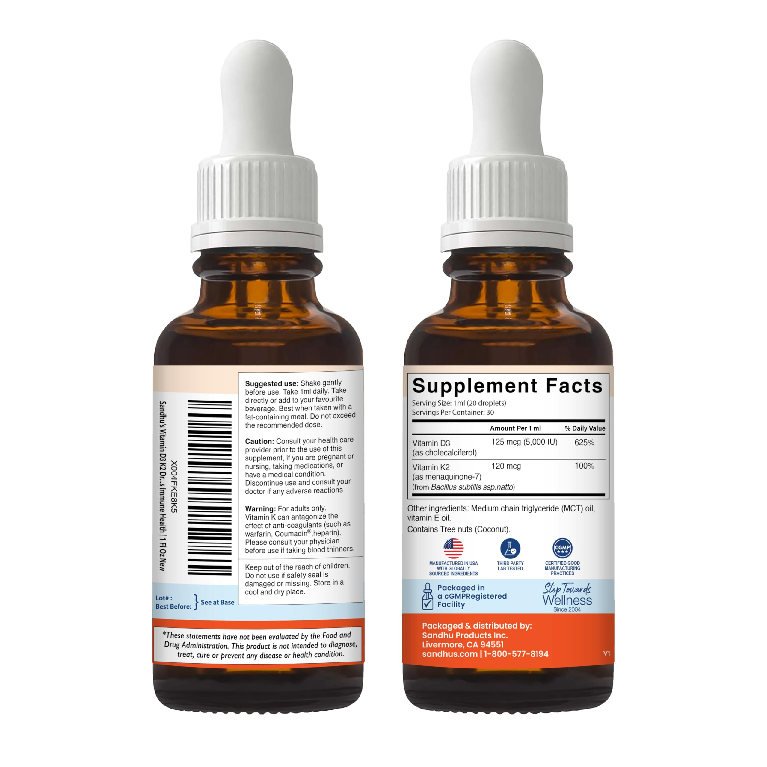 Sandhu's Vitamin D3 K2 Drops for Adults | 5000 IU D3 Liquid, 120mcg K2 Supplement 1 Fl Oz (Pack of 2) | D3K2 Supports Superior Absorption