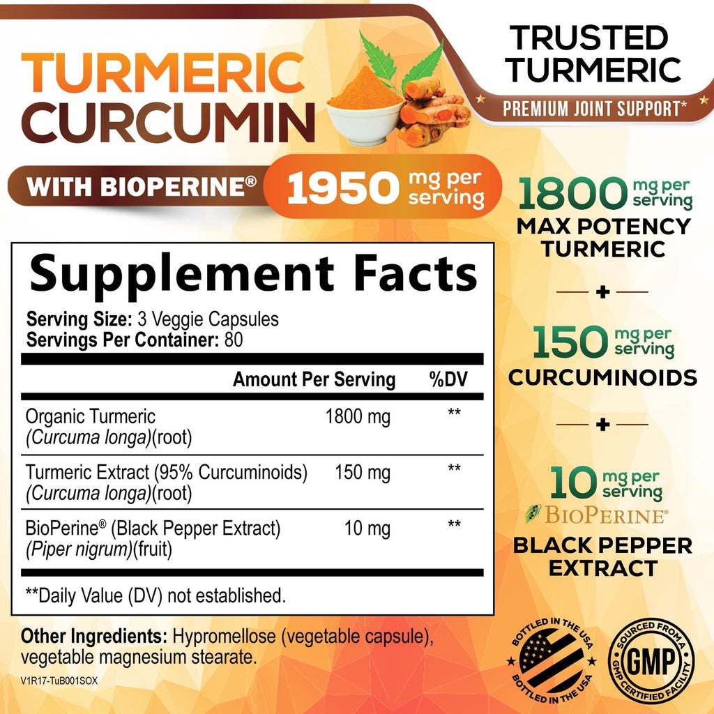 Turmeric Curcumin Supplement - 95% Curcuminoids with Organic Turmeric & BioPerine Black Pepper for Best Absorption - Daily Joint & Immune Health Support