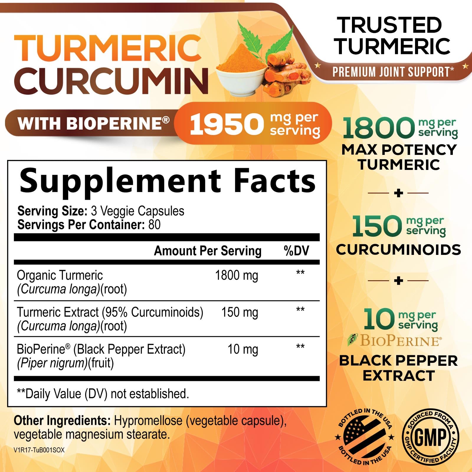 Turmeric Curcumin Supplement - 95% Curcuminoids with Organic Turmeric & BioPerine Black Pepper for Best Absorption - Daily Joint & Immune Health Support