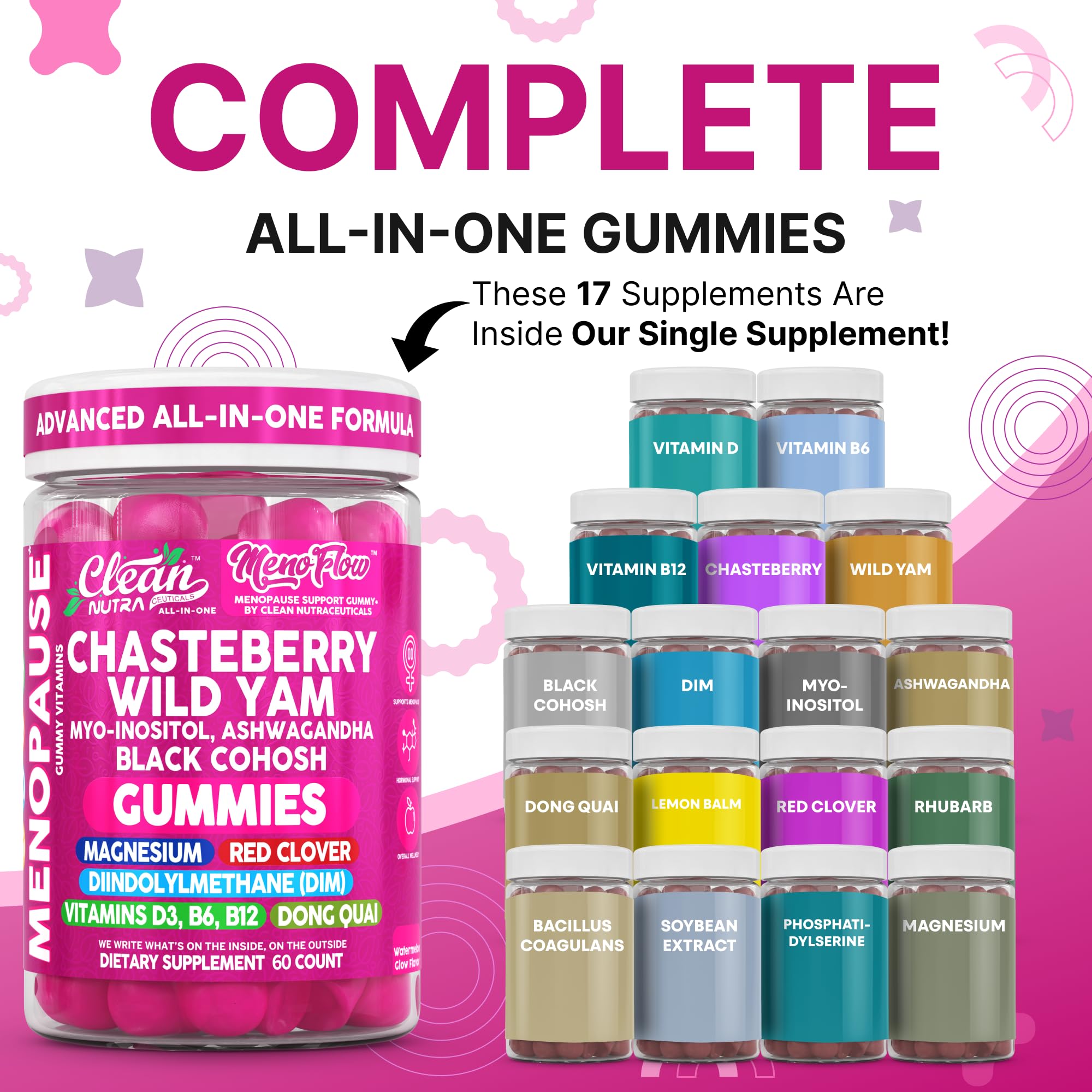 Clean Nutra Menopause Supplements for Women Chastberry Wild Yam Gummies Inositol Black Cohosh Magnesium Red Clover DIM Supplement B6 Magnesium Glycinate Glycine Vitex Hormone Balance Gummy Vitamins Clean Nutraceuticals Au supplements