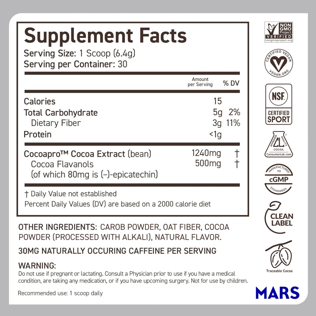 CocoaVia Cocoa Flavanols 500mg – Heart and Brain Support, High Flavanol Cocoa Extract, Boosts Nitric Oxide, Blood Circulation and Memory, Preworkout, Vegan
