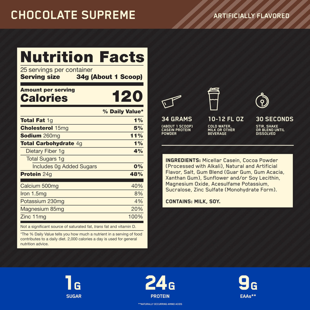 Optimum Nutrition Gold Standard 100% Micellar Casein Protein Powder, Slow Digesting, Helps Keep You Full, Overnight Muscle Recovery, Chocolate Supreme, 2 Pound (Packaging May Vary)