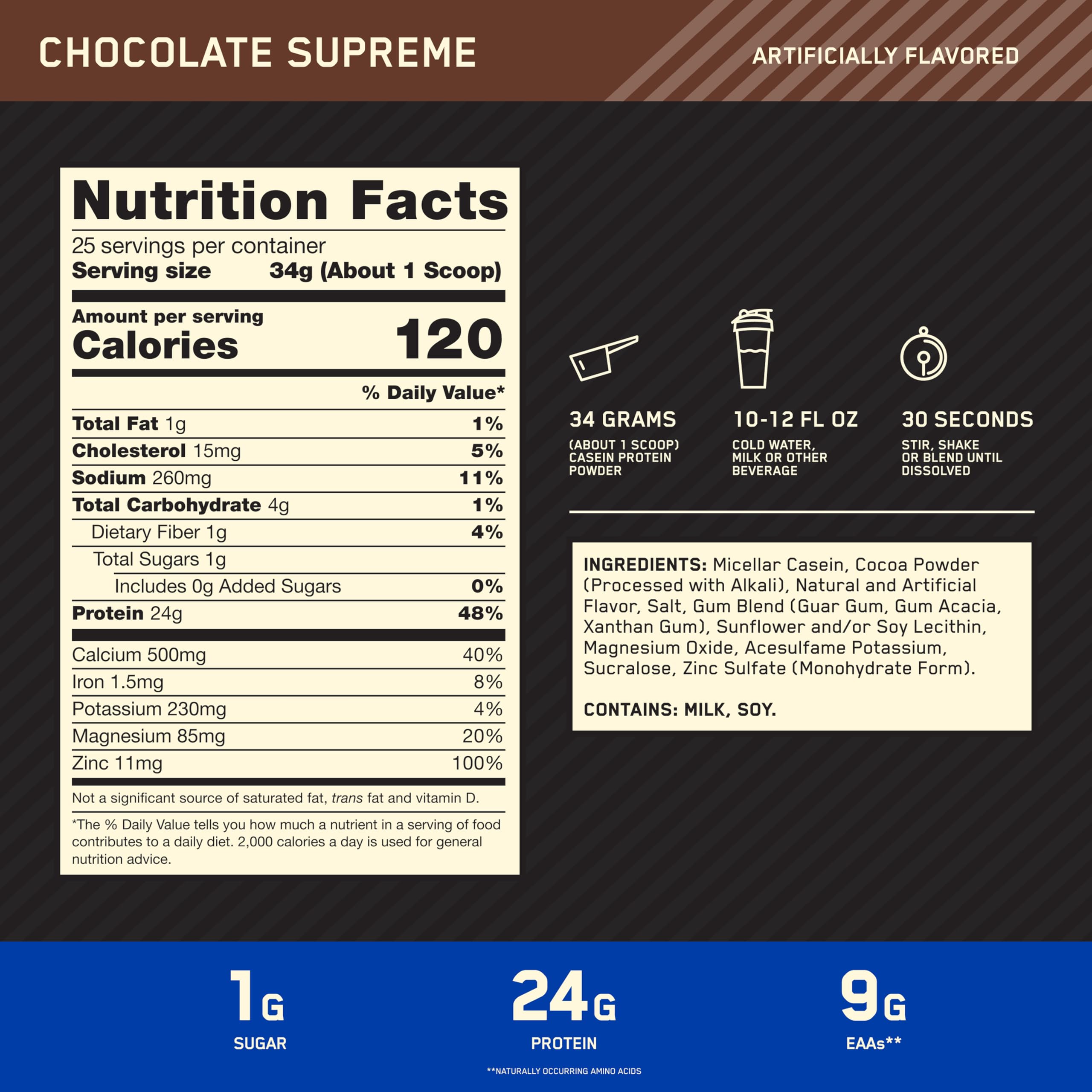 Optimum Nutrition Gold Standard 100% Micellar Casein Protein Powder, Slow Digesting, Helps Keep You Full, Overnight Muscle Recovery, Chocolate Supreme, 2 Pound (Packaging May Vary)