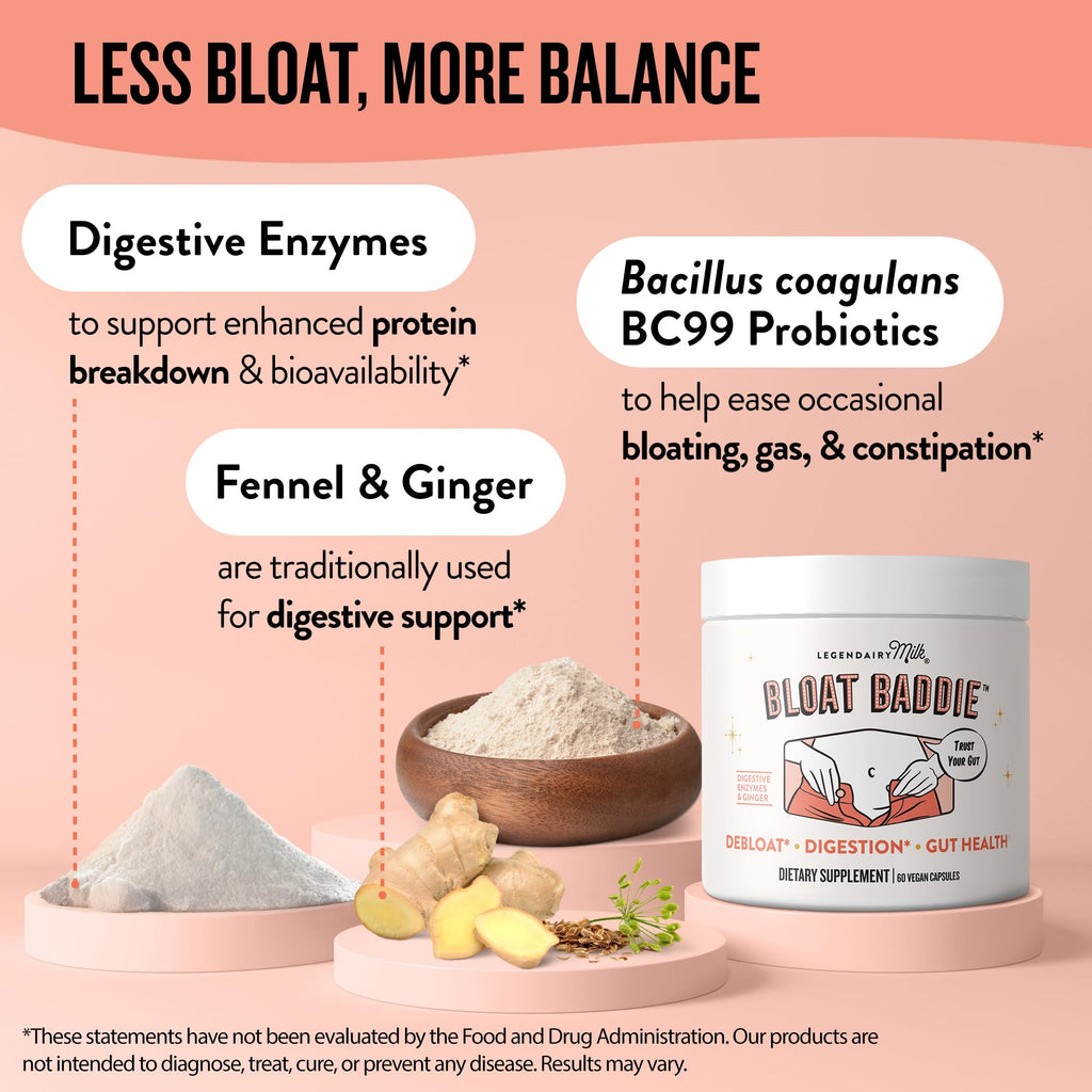 Legendairy Milk Digestive Enzymes for Women, Probiotics for Digestive Health, Gut Health Supplements, Bloating Relief for Women, Debloat Gas Relief w/Ginger & Fennel Bloat Baddie 60 Capsules Legendairy Milk Au supplements