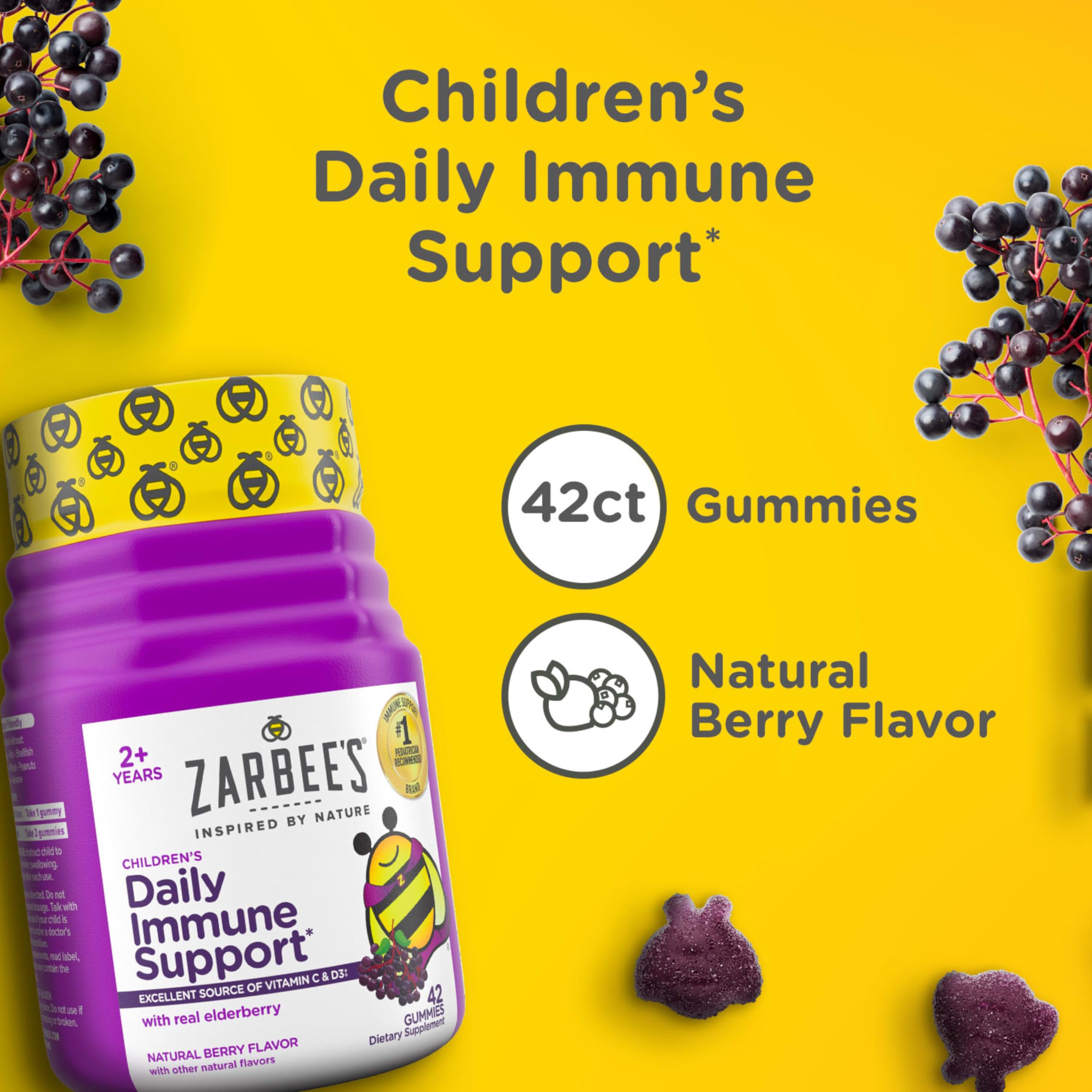 Zarbee’s Kids Elderberry Immune Support Supplement Gummies, Vitamins A C D3 E & Zinc, Elderberry Extract, Gluten & Gelatin Free